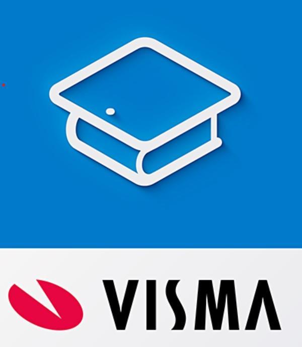 Illustrasjon av en skolebok, hvit strek på blå bunn, som er logoen til Visma in School - Klikk for stort bilde