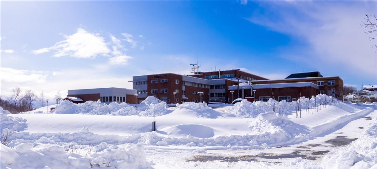 Bodin videregående sett fra Mørkvedtråkket, med snø, sol og blå himmel - Klikk for stort bilde