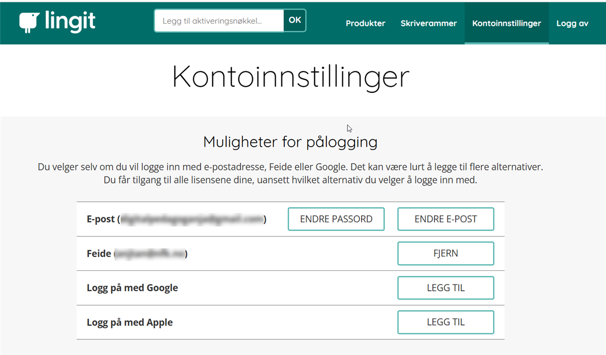 Skjermbilde av kontoinnstillinger til Lingit i nettleseren - Klikk for stort bilde
