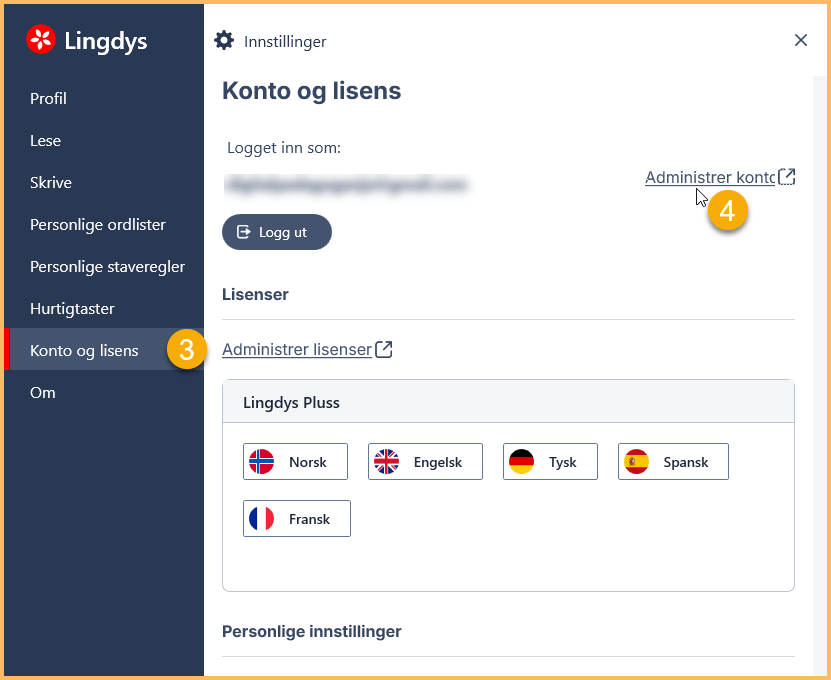 Skjermbilde av steg 3. trykk på konto og lissens og steg 4 Trykk på Administrer konto - Klikk for stort bilde